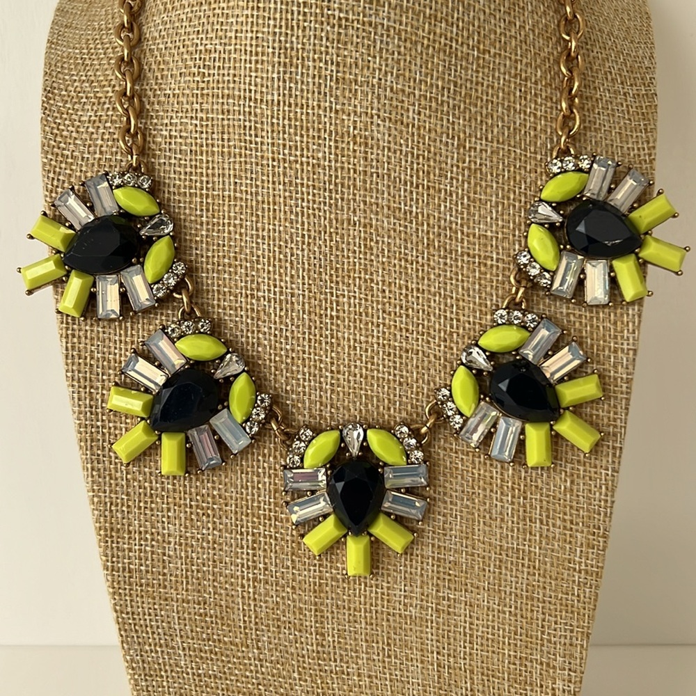 J Crew Rhinestone Statement Necklace Gold Black Vibrant Yellow